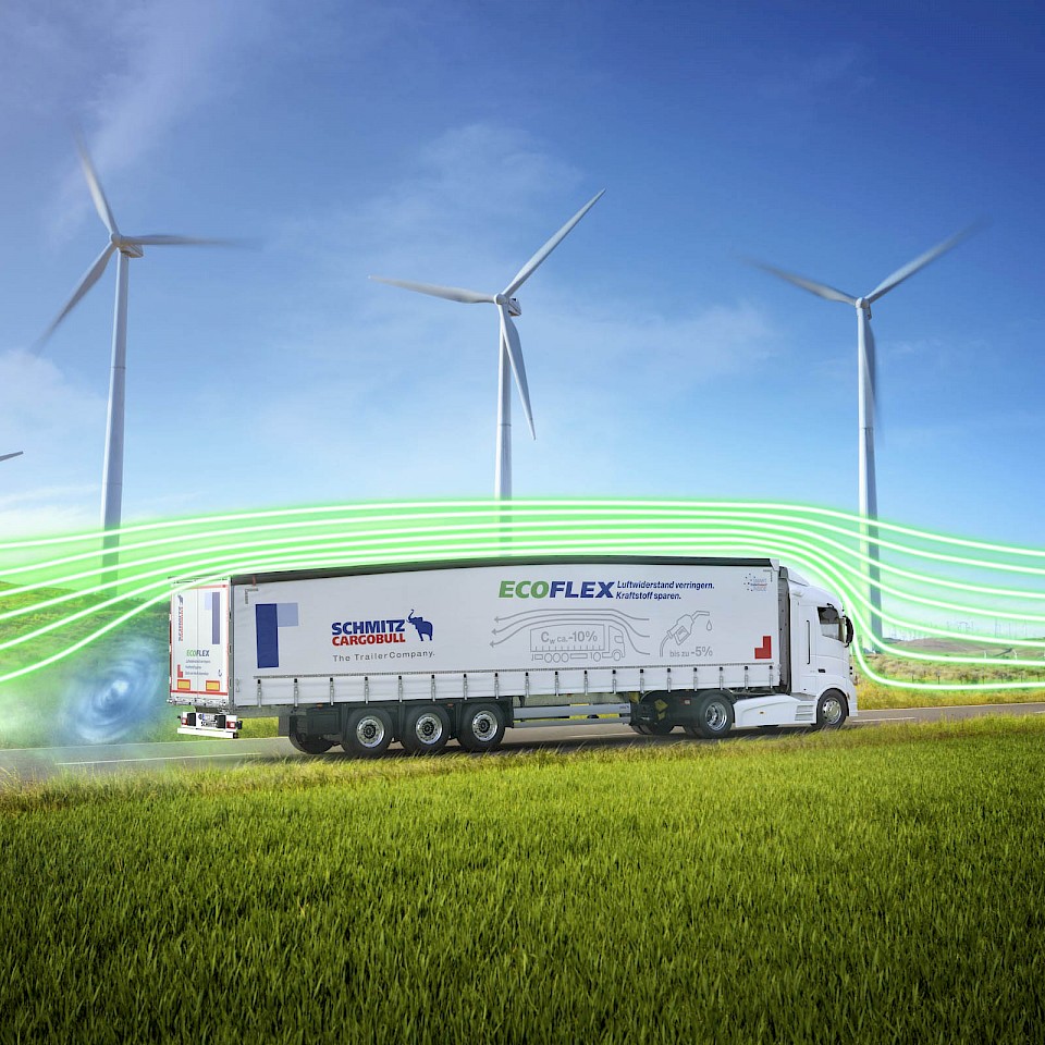 Schmitz Cargobull AG heeft een vrachtwagenoplegger ontwikkeld met een aerodynamische achterkant die brandstof bespaart en zo de CO2-uitstoot vermindert.
