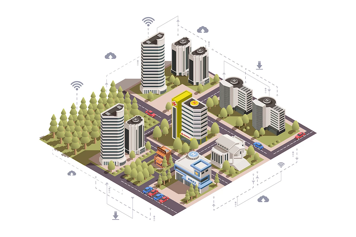 Illustration of a virtual city with data connections.